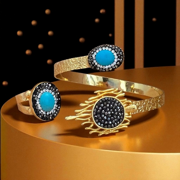 🆕️Turkish Handmade Adjustable 18K Gold Plated Turquoise Cuff Ring Exclusive Set - Picture 1 of 15